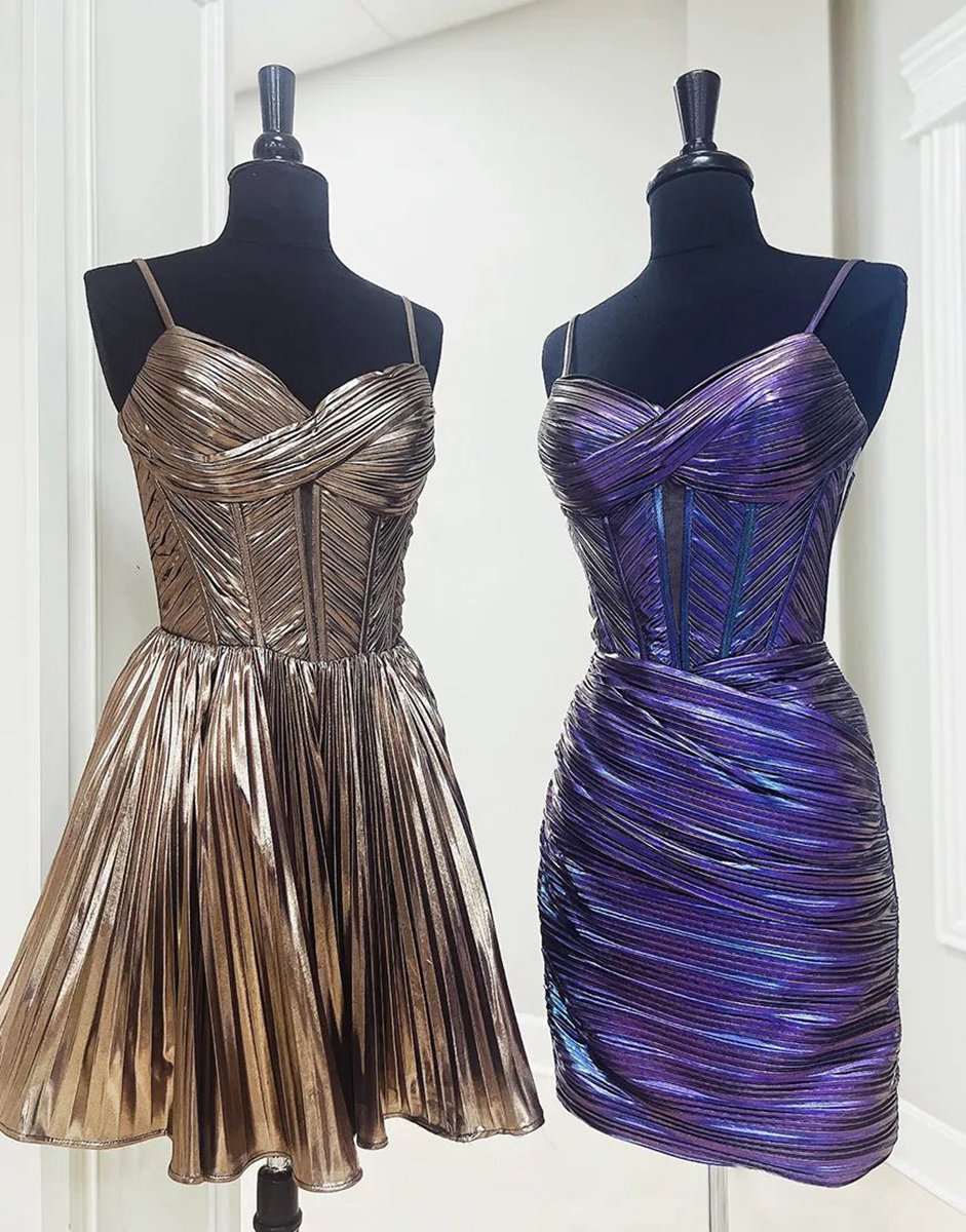Metallic Gold A-line Satin Spaghetti Straps Homecoming Dresses