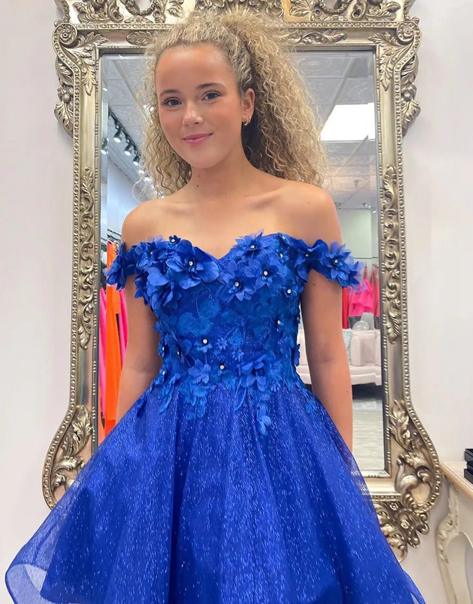 Sparkly A-line Off the Shoulder Beaded Flowers Homecoming Dresses