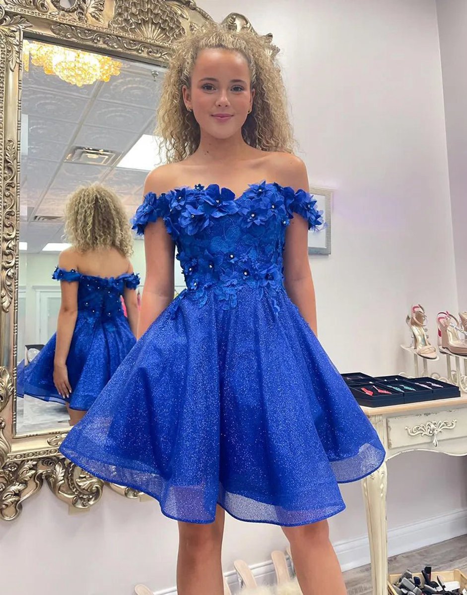 Sparkly A-line Off the Shoulder Beaded Flowers Homecoming Dresses