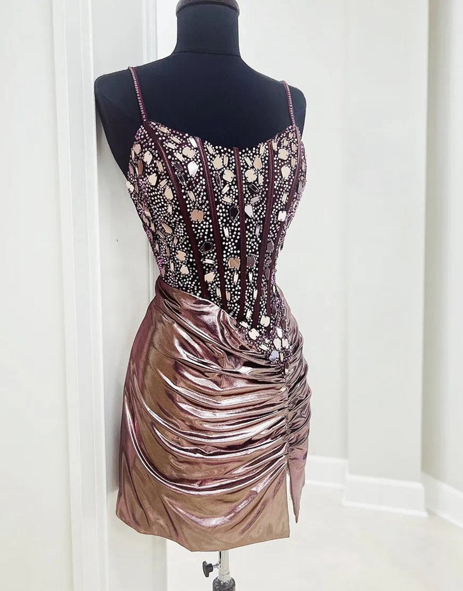 Sparkly Rose Gold Tight Satin Pleats Beaded Corset Homecoming Dresses