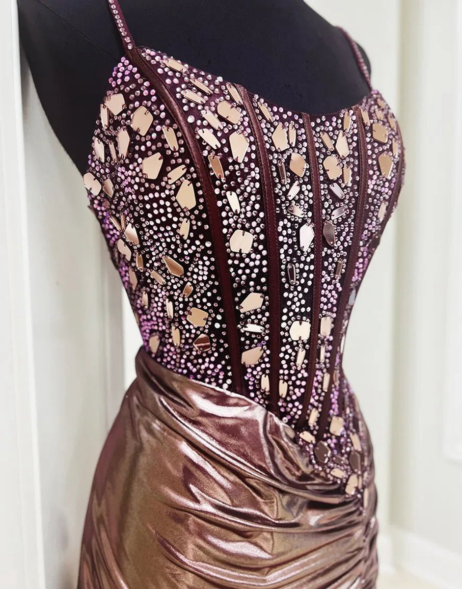 Sparkly Rose Gold Tight Satin Pleats Beaded Corset Homecoming Dresses