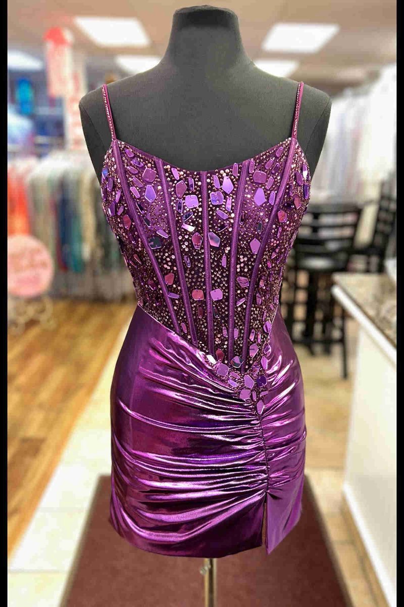 Sparkly Rose Gold Tight Satin Pleats Beaded Corset Homecoming Dresses
