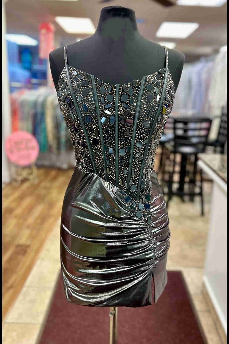 Sparkly Rose Gold Tight Satin Pleats Beaded Corset Homecoming Dresses