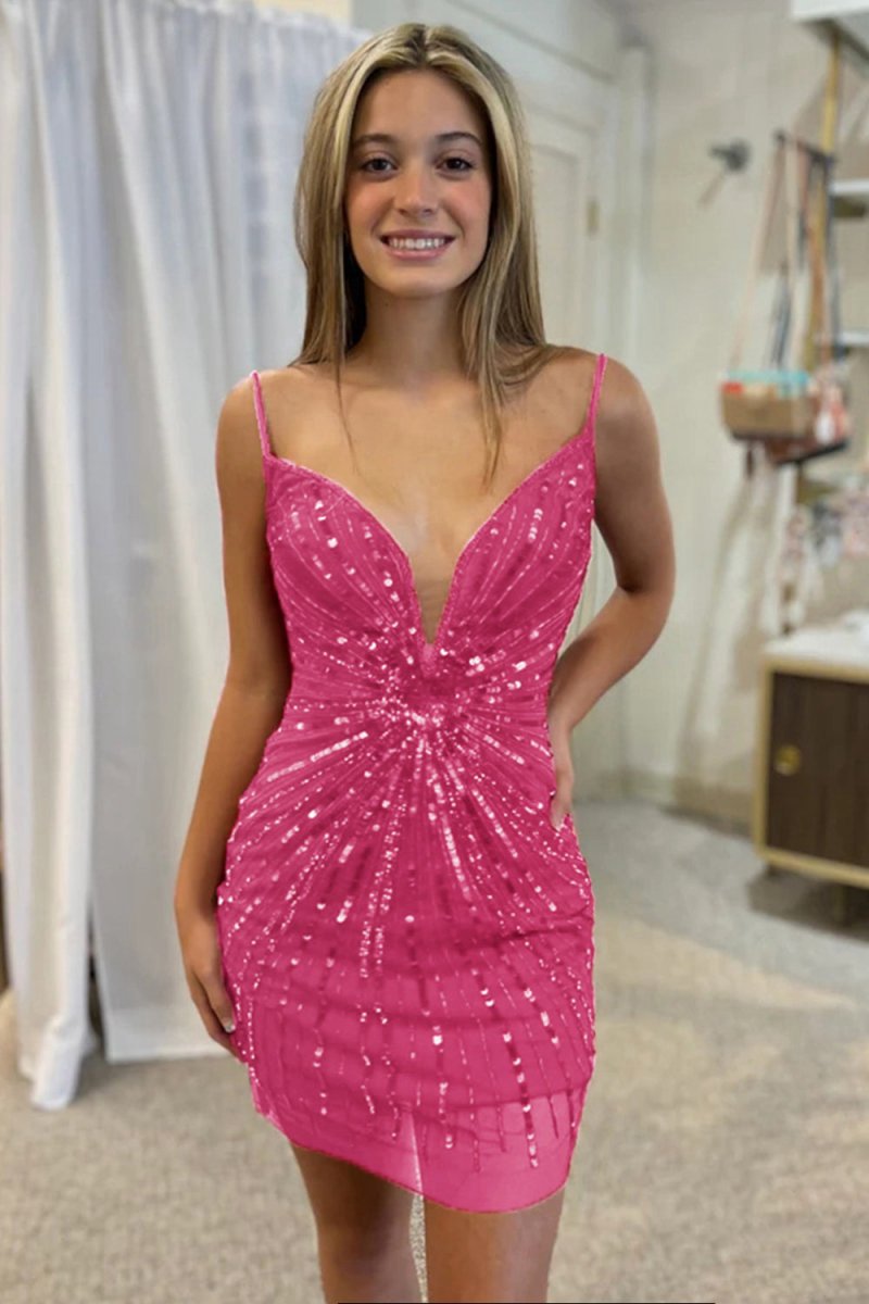 Sparkly Sequined V-Neck Tight Homecoming Dresses
