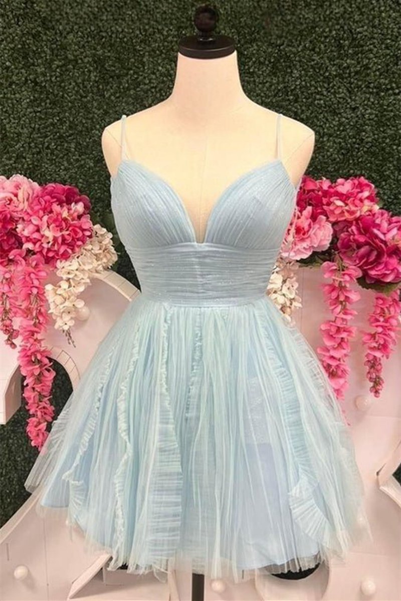 Straps A-line Short Tulle Ruched Homecoming Dresses