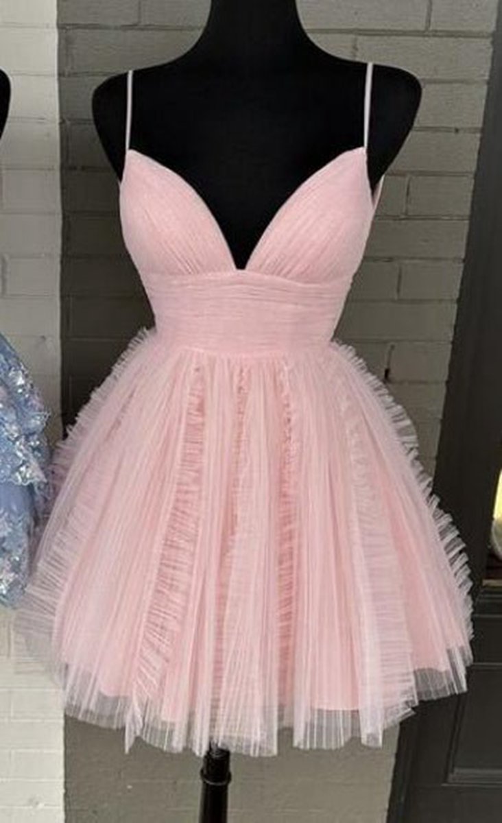 Straps A-line Short Tulle Ruched Homecoming Dresses