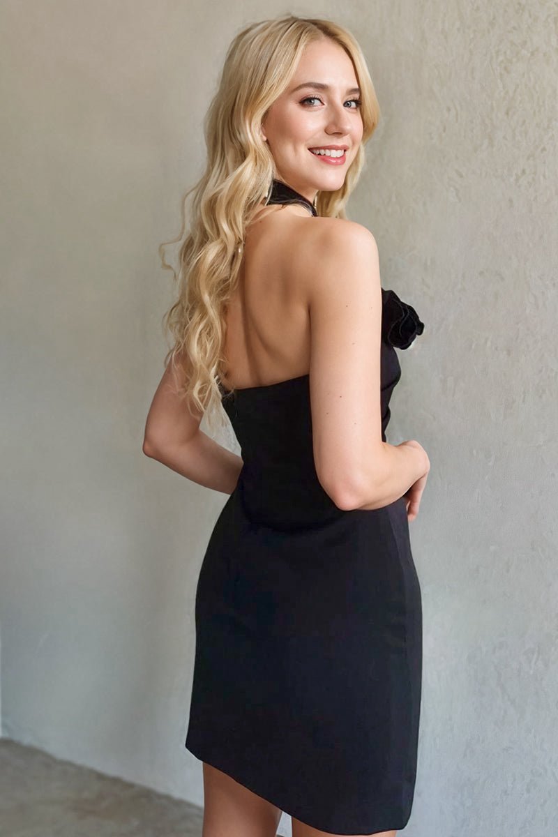 Halter Rosette Fitted Mini Homecoming Dresses