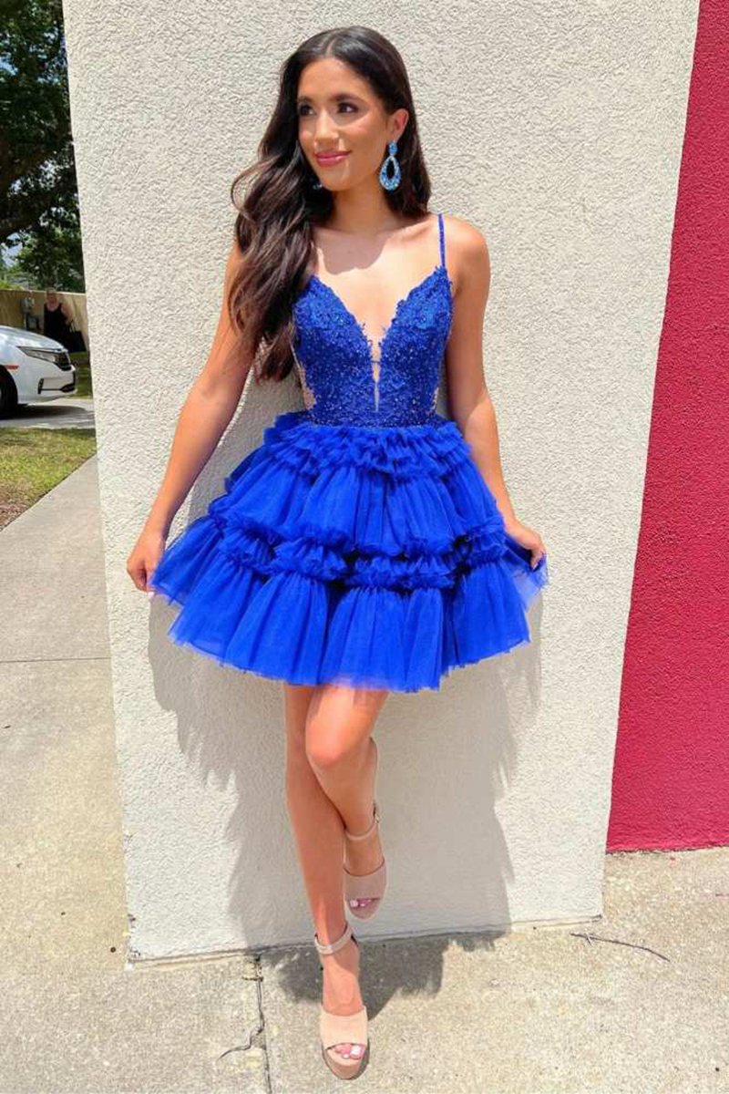 Plunging Neck Applique A-line Ruffle Homecoming Dresses