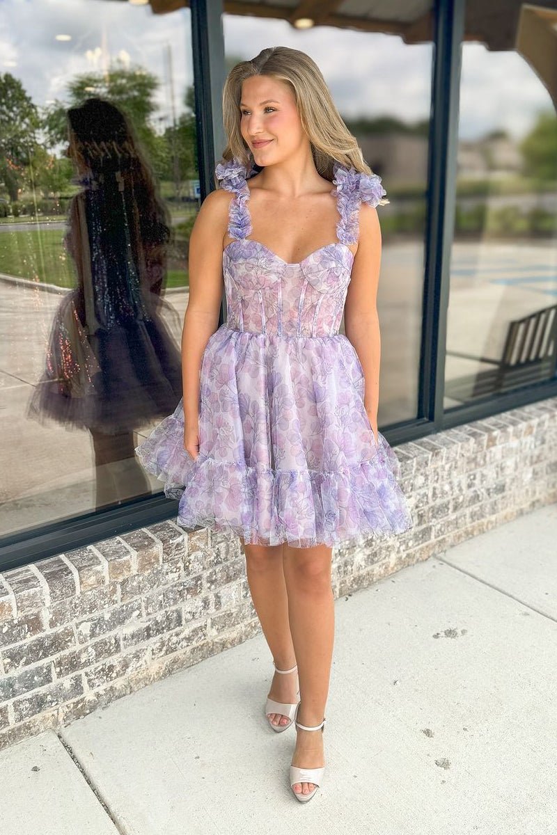 Cute A-line Sweetheart Floral Printed Short Homecoming Dresses