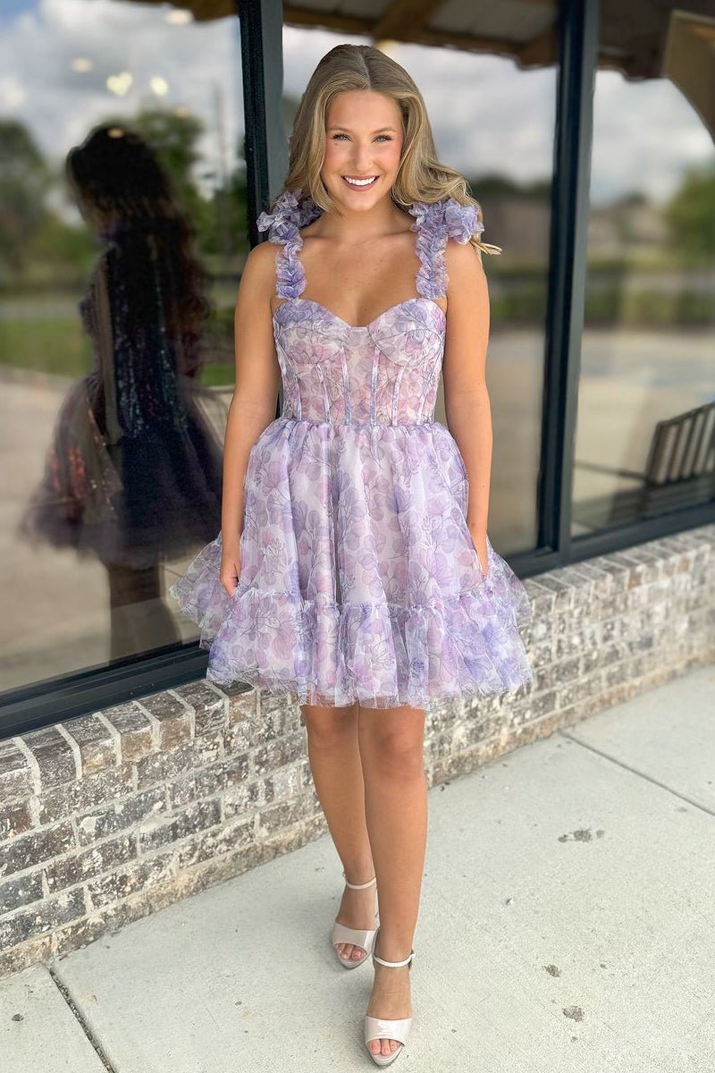 Cute A-line Sweetheart Floral Printed Short Homecoming Dresses
