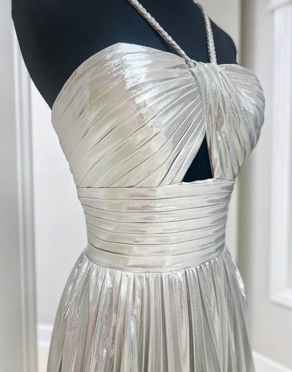 Gloden A-line Metallic Spaghetti Strap Pleated Homecoming Dresses