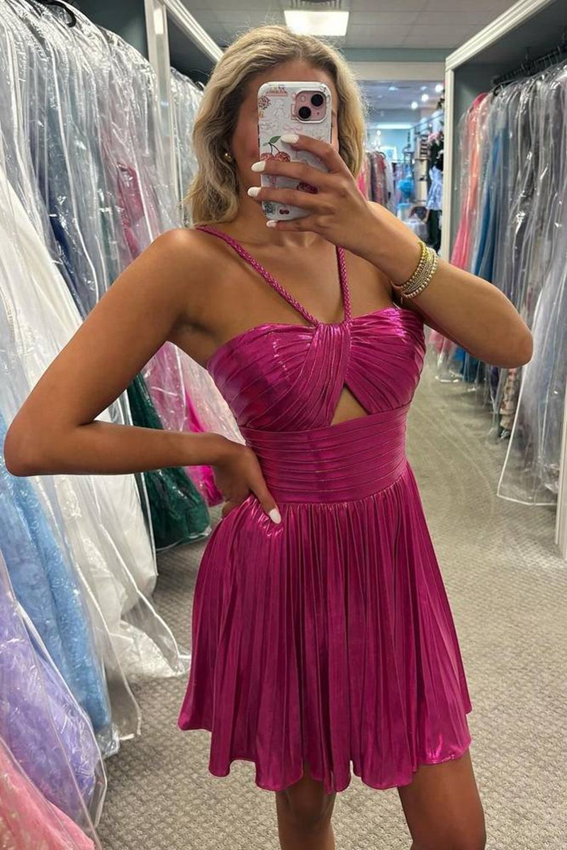 Gloden A-line Metallic Spaghetti Strap Pleated Homecoming Dresses