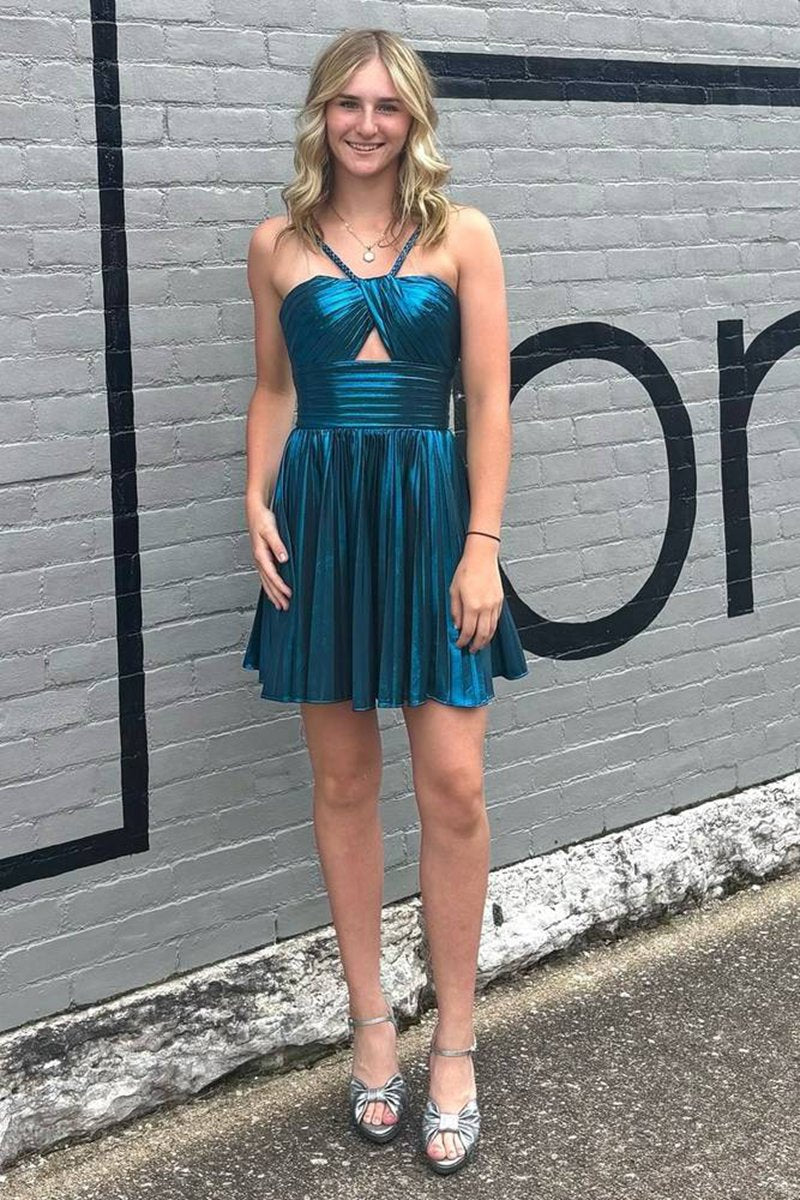 Gloden A-line Metallic Spaghetti Strap Pleated Homecoming Dresses