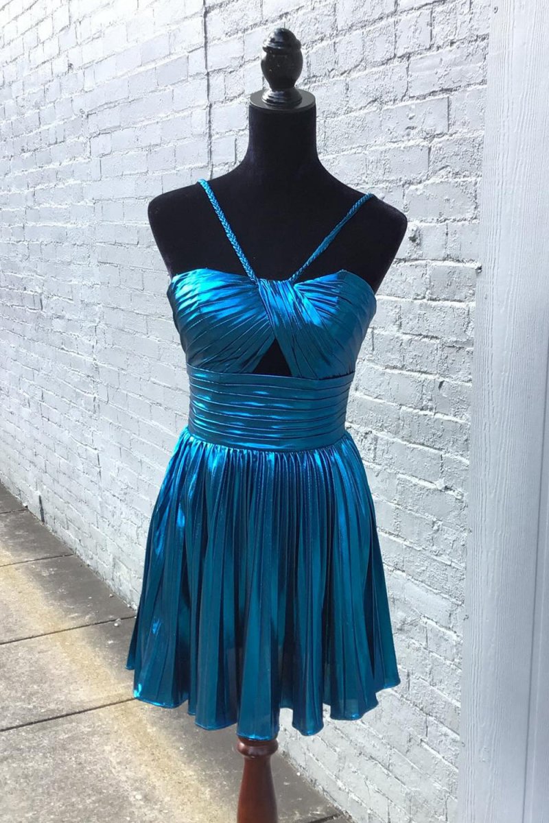 Gloden A-line Metallic Spaghetti Strap Pleated Homecoming Dresses