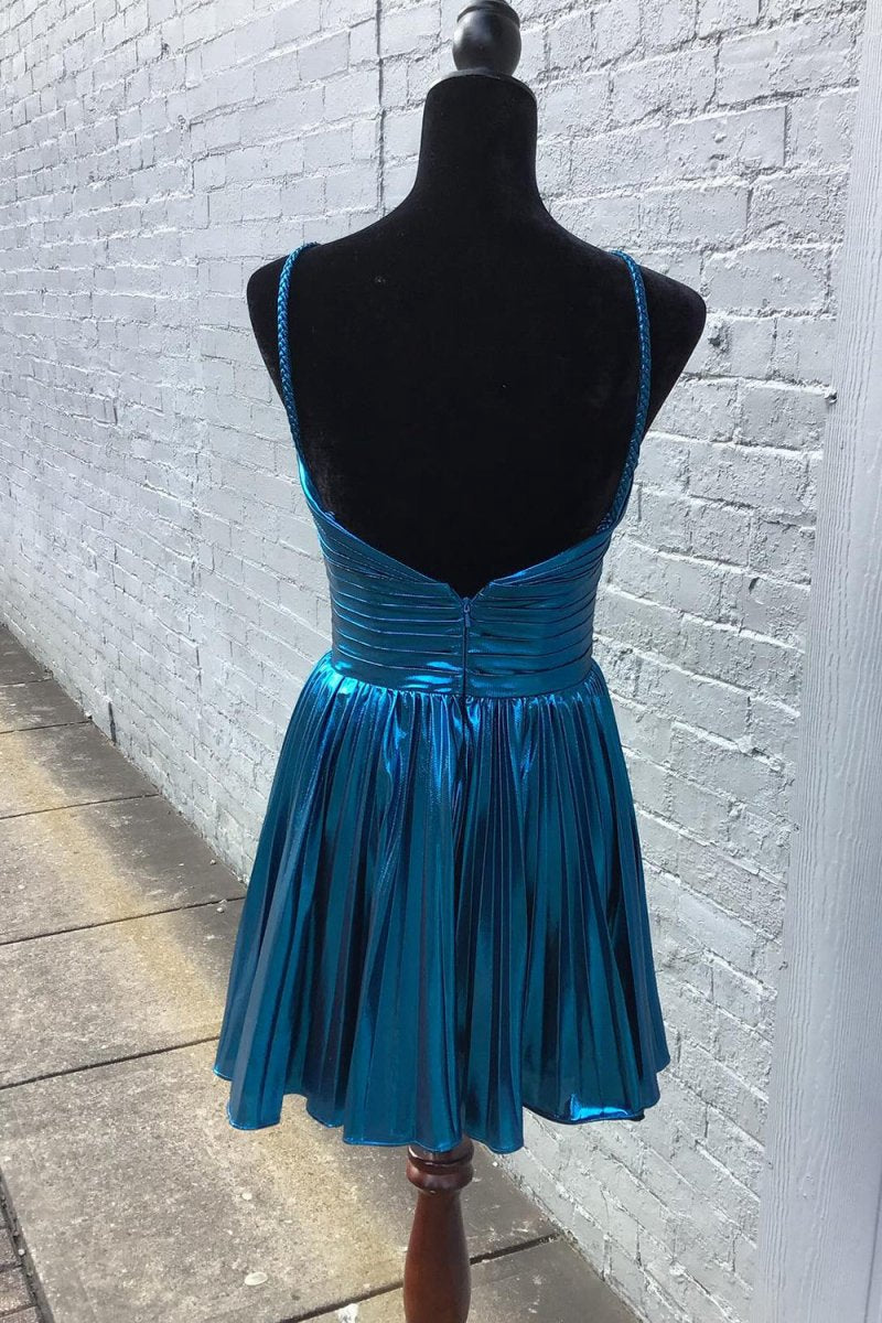 Gloden A-line Metallic Spaghetti Strap Pleated Homecoming Dresses