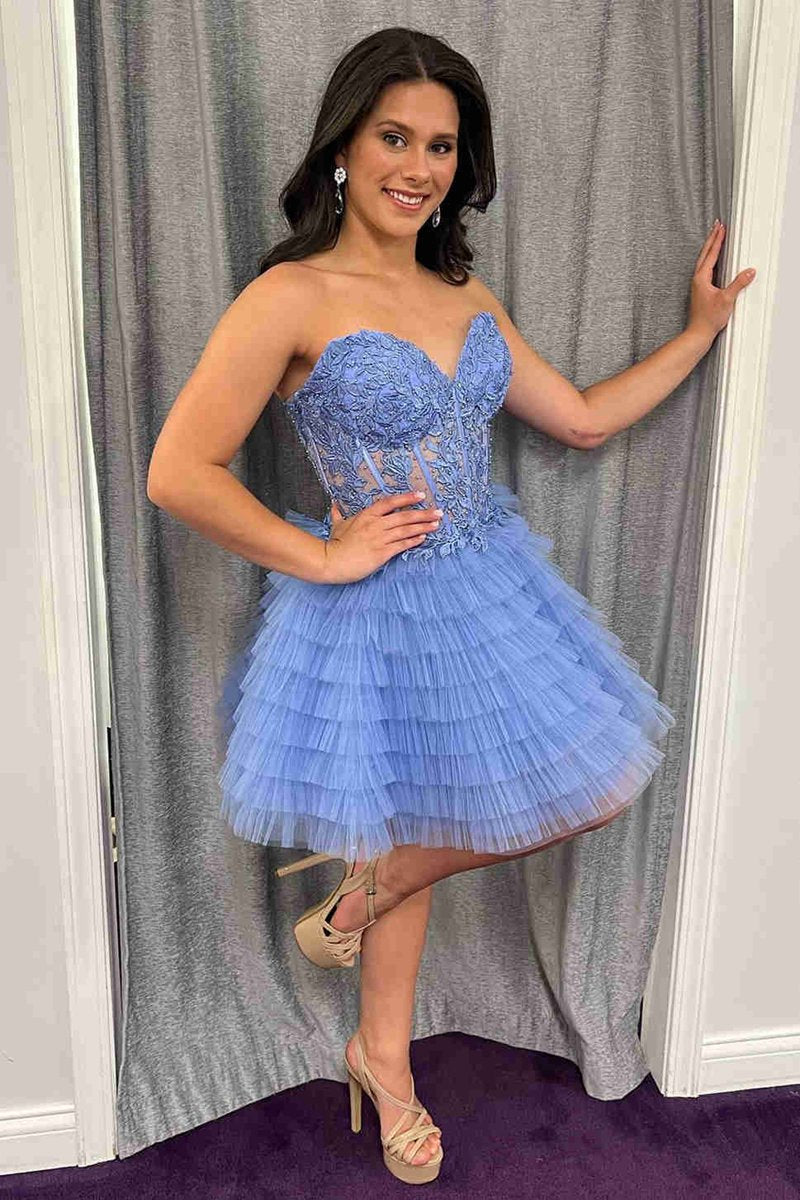 Sweetheart Periwinkle Corset Ruffle Homecoming Dresses with Appliques