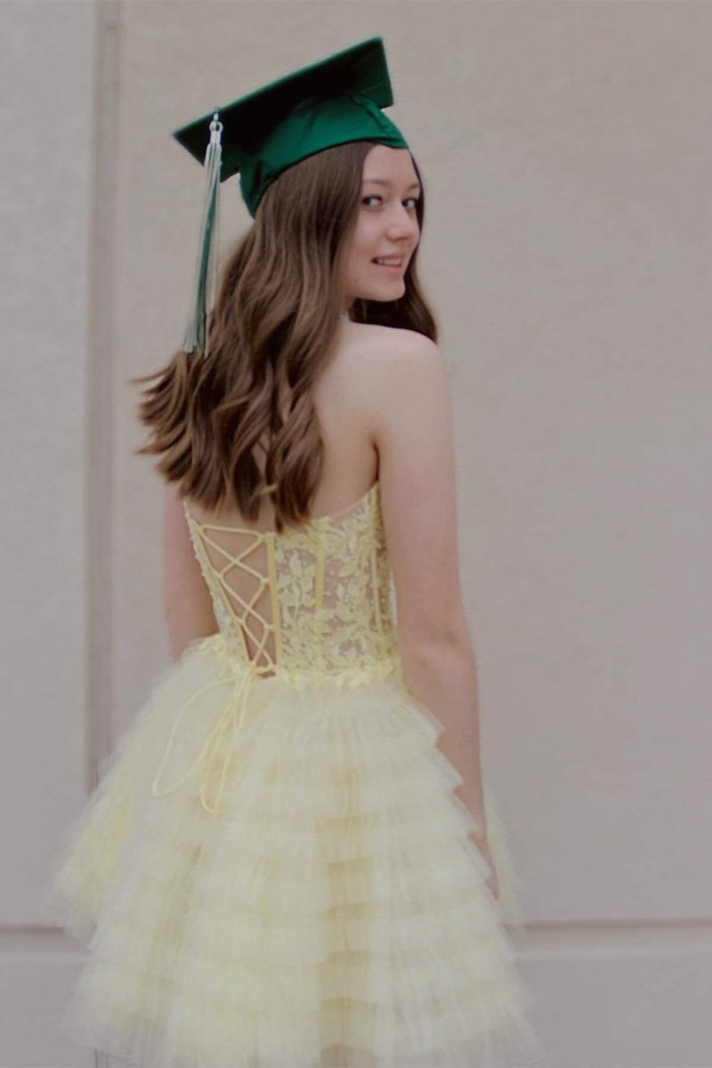 Sweetheart Periwinkle Corset Ruffle Homecoming Dresses with Appliques