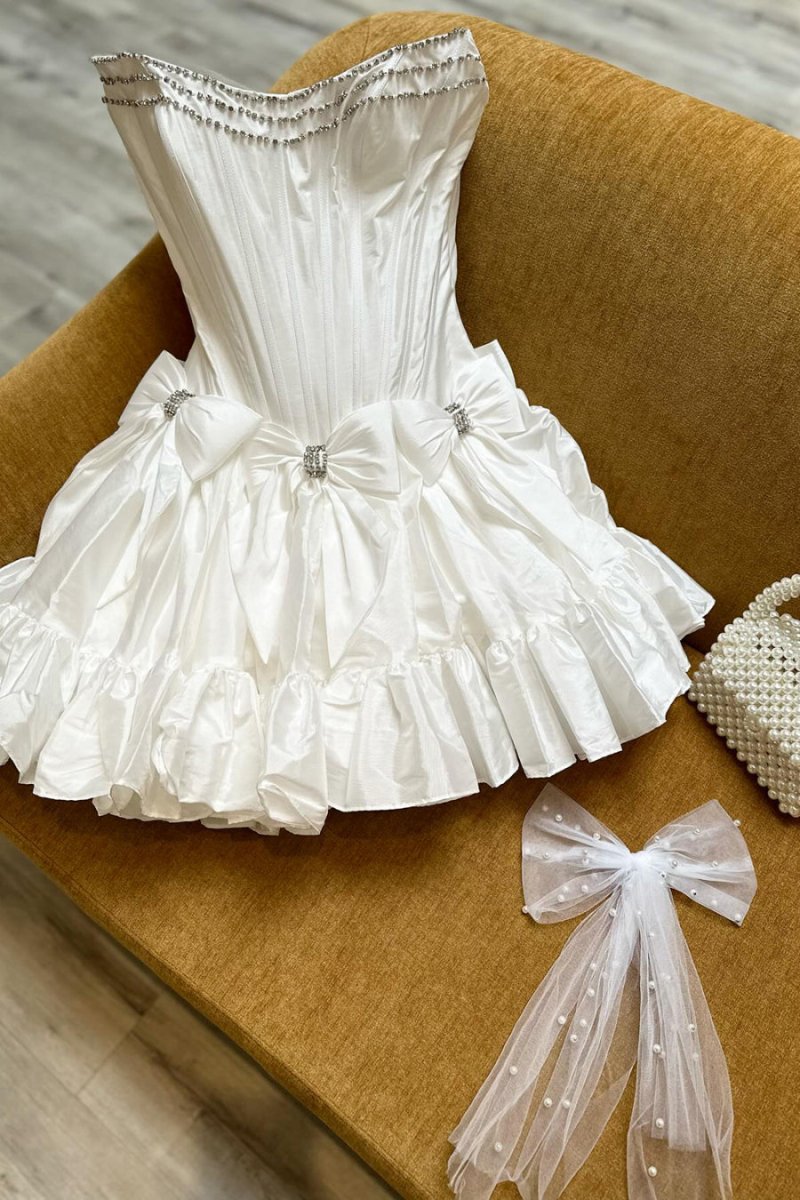 Strapless Beaded Short Homecoming Dresses with Bow