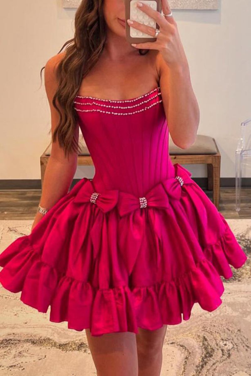 Strapless Beaded Short Homecoming Dresses with Bow