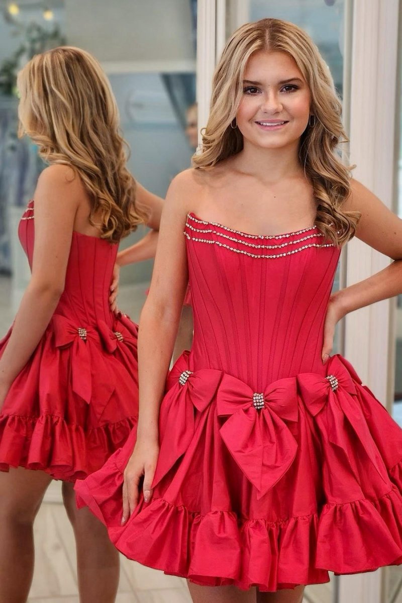Strapless Beaded Short Homecoming Dresses with Bow