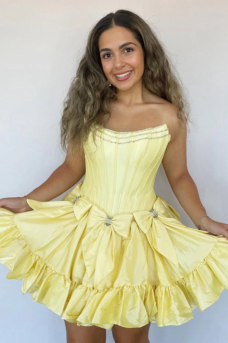 Strapless Beaded Short Homecoming Dresses with Bow