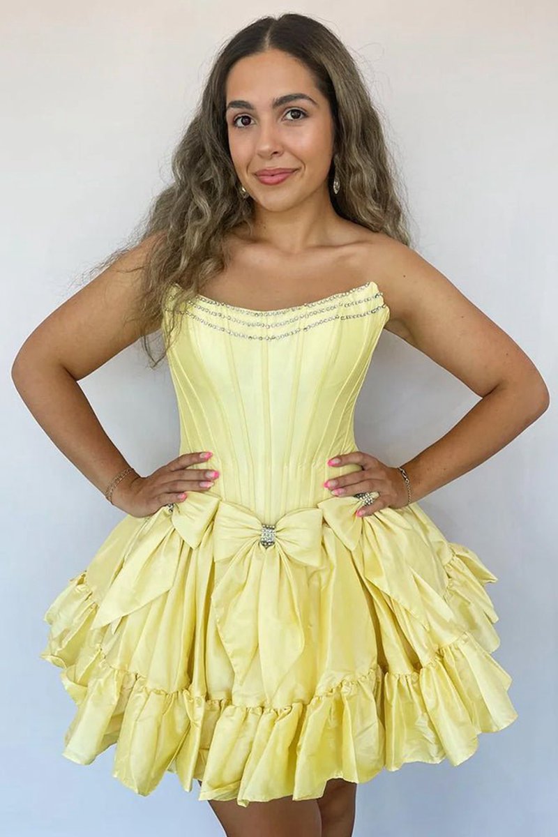 Strapless Beaded Short Homecoming Dresses with Bow
