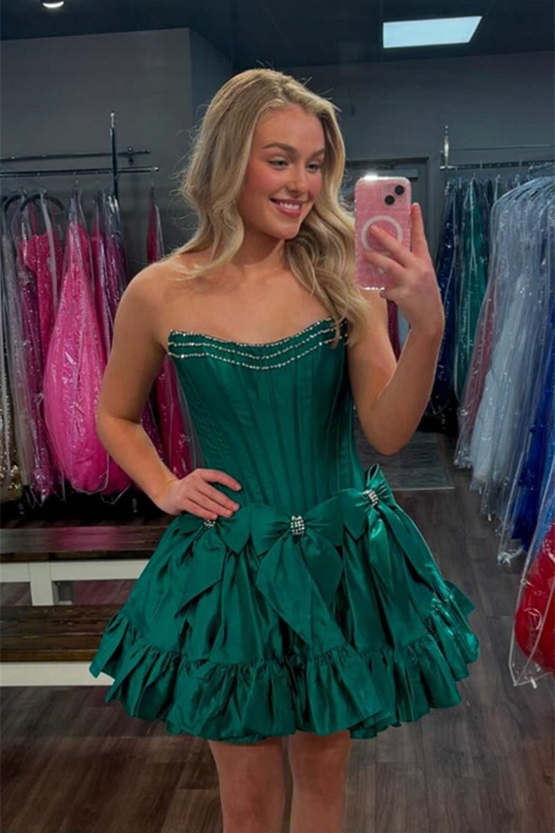 Strapless Beaded Short Homecoming Dresses with Bow