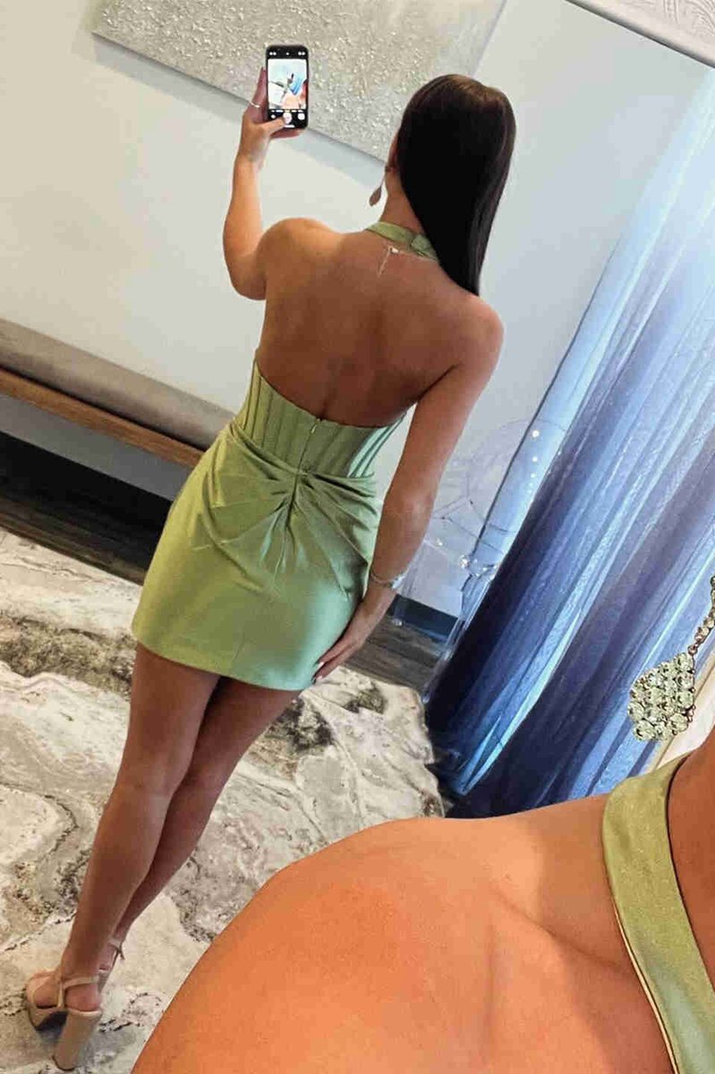 Halter Fitted Sage Pleated Homecoming Dresses with Rosette