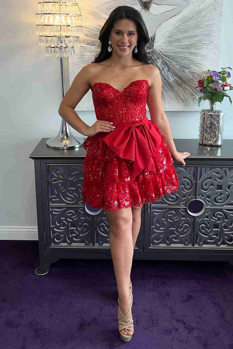 Corset Sequin Appliques Short Party Dresses with Bow