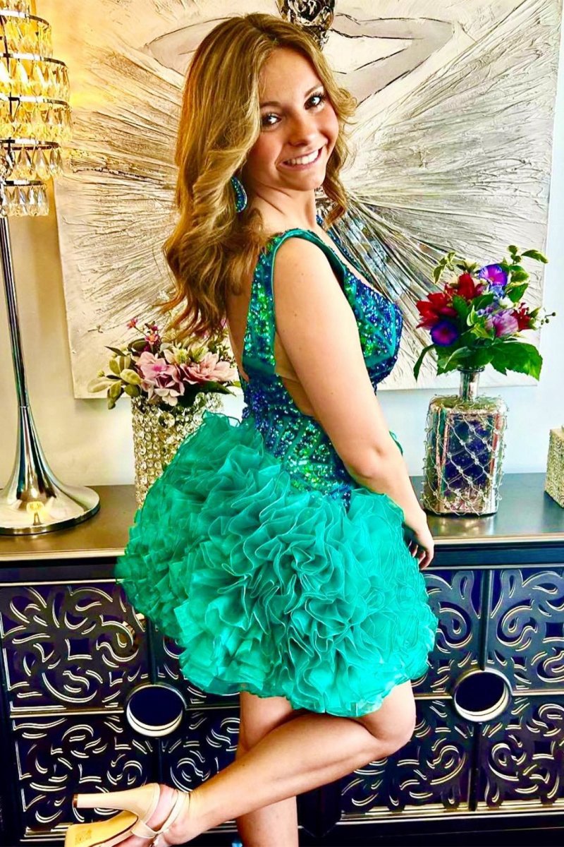 Emerald Sequin Plunge V-Neck Homecoming Dresses
