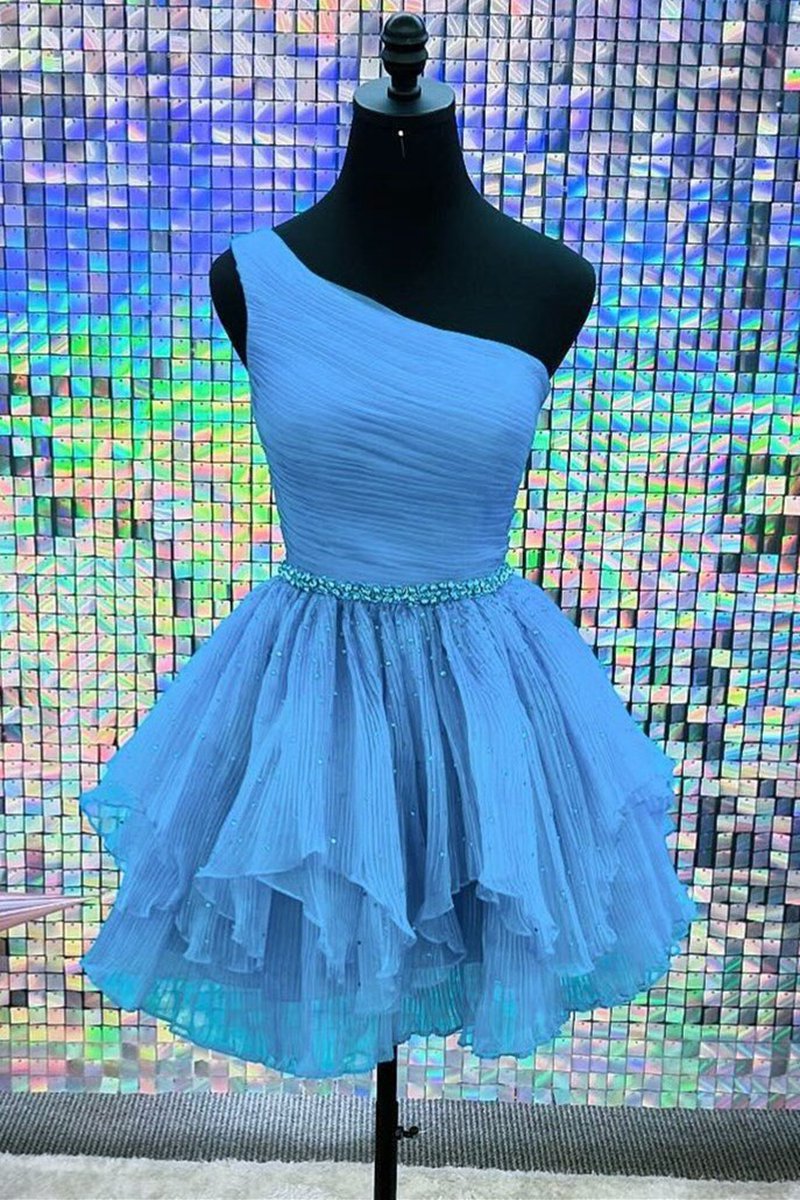 One-Shoulder Beaded Ruffle Homecoming Dresses in Blue