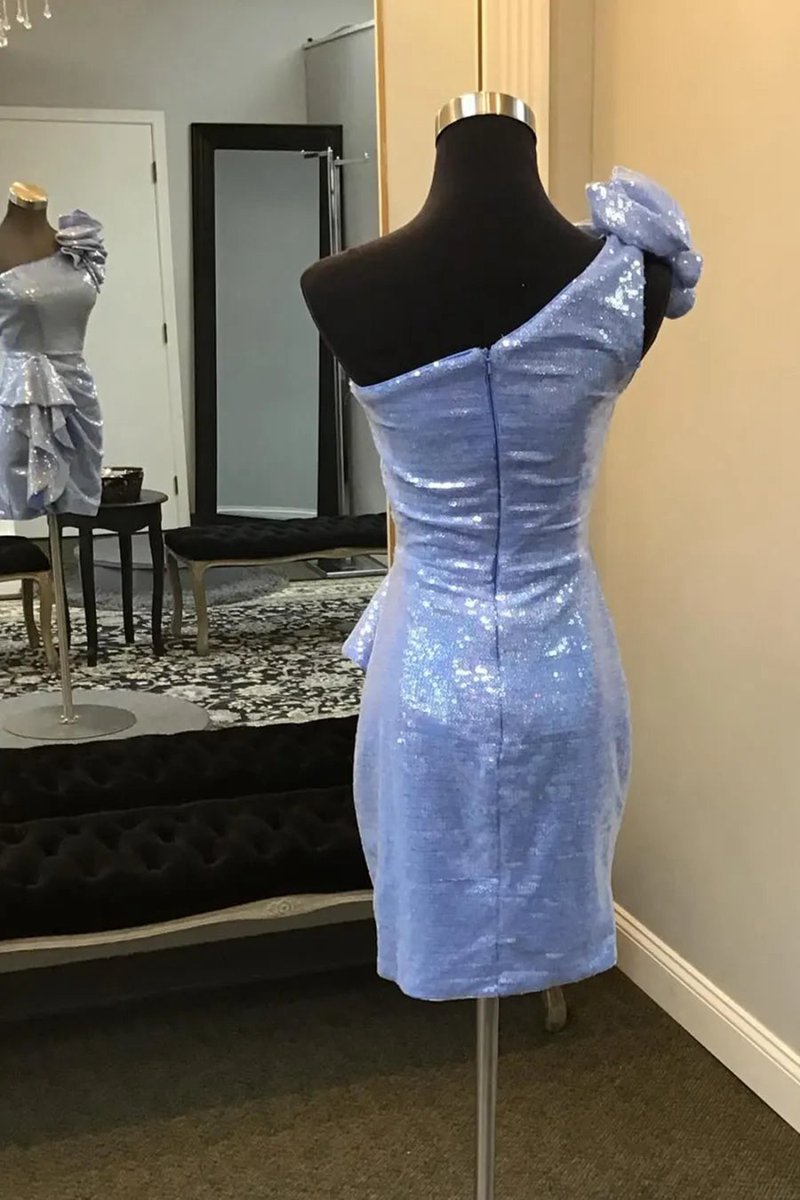 Sparkly One Shoulder Sequins Bodycon Short Homecoming Dresses with Ruffles
