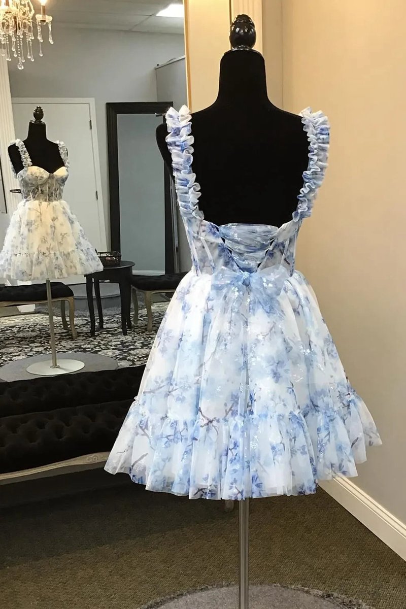 Floral Printed Spaghetti Straps A-line Short Corset Homecoming Dresses
