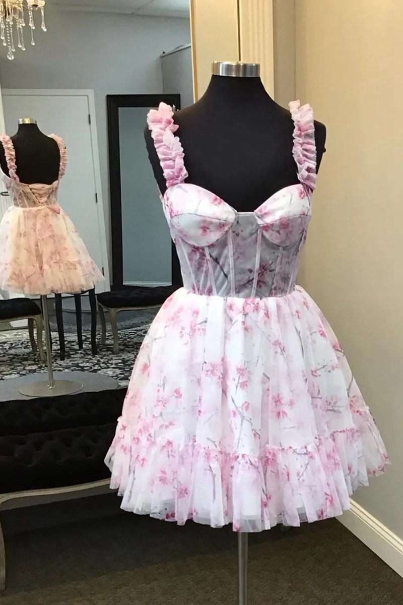 Floral Printed Spaghetti Straps A-line Short Corset Homecoming Dresses