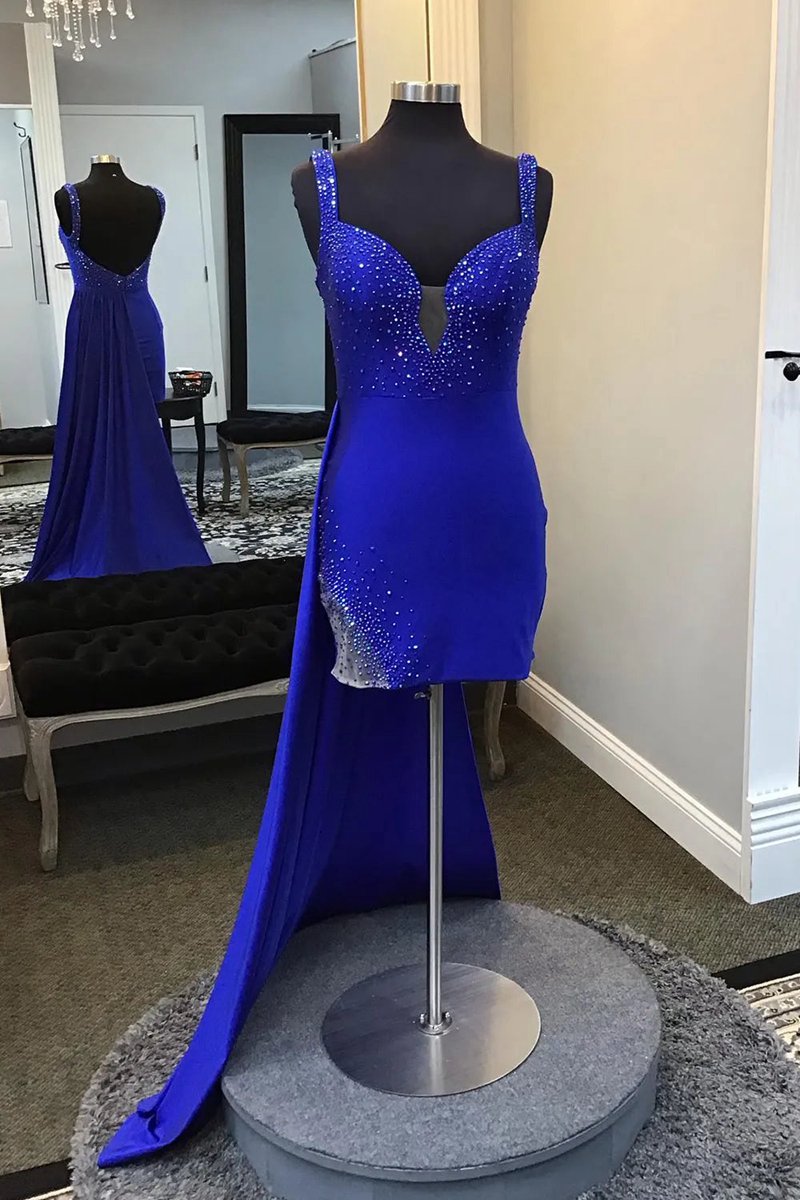 Spaghetti Straps Beaded Bodycon Homecoming Dresses with Open Back