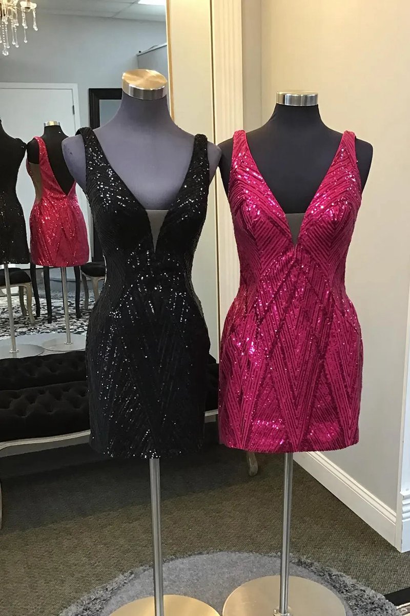 V-neck Sequins Bodycon Short Homecoming Dresses with Open Back