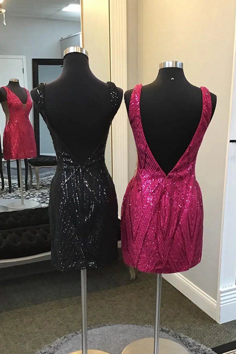 V-neck Sequins Bodycon Short Homecoming Dresses with Open Back