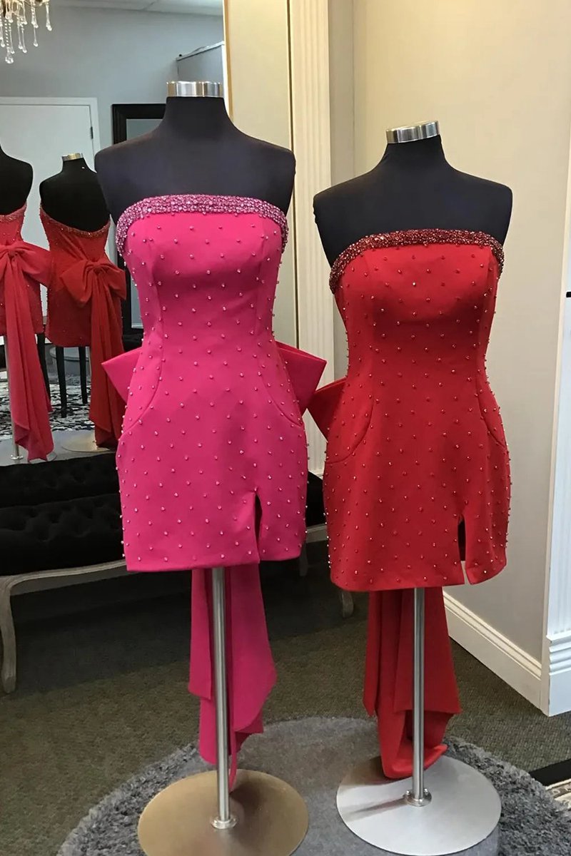 Strapless Beaded Bodycon Short Homecoming Dresses with Bow