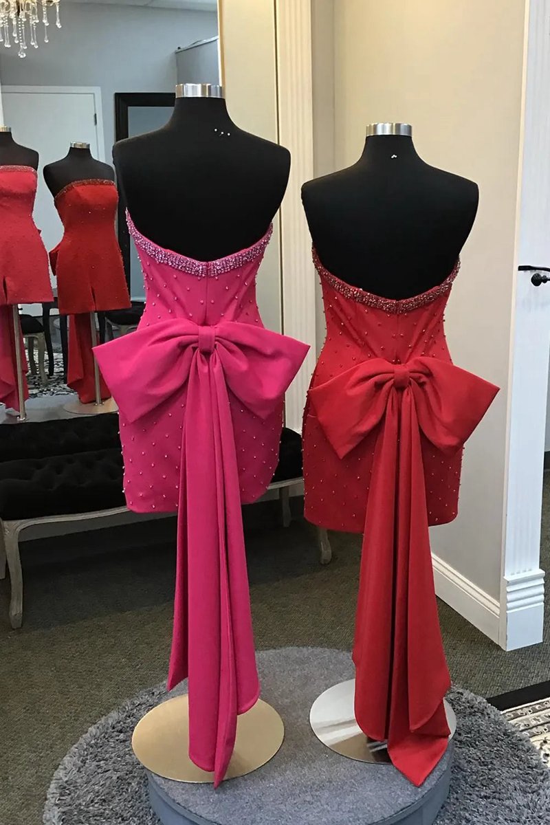Strapless Beaded Bodycon Short Homecoming Dresses with Bow