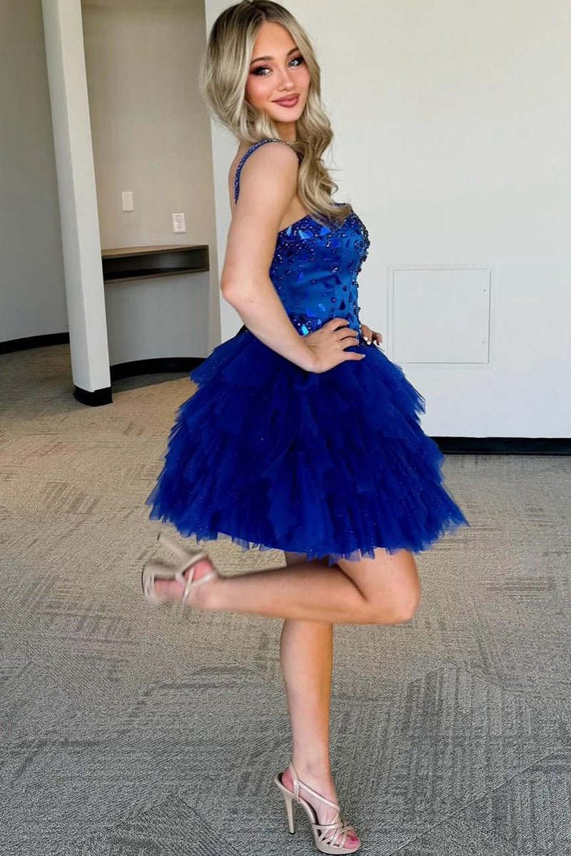 Pretty A-line Straps Tulle Short Homecoming Dresses with Beading