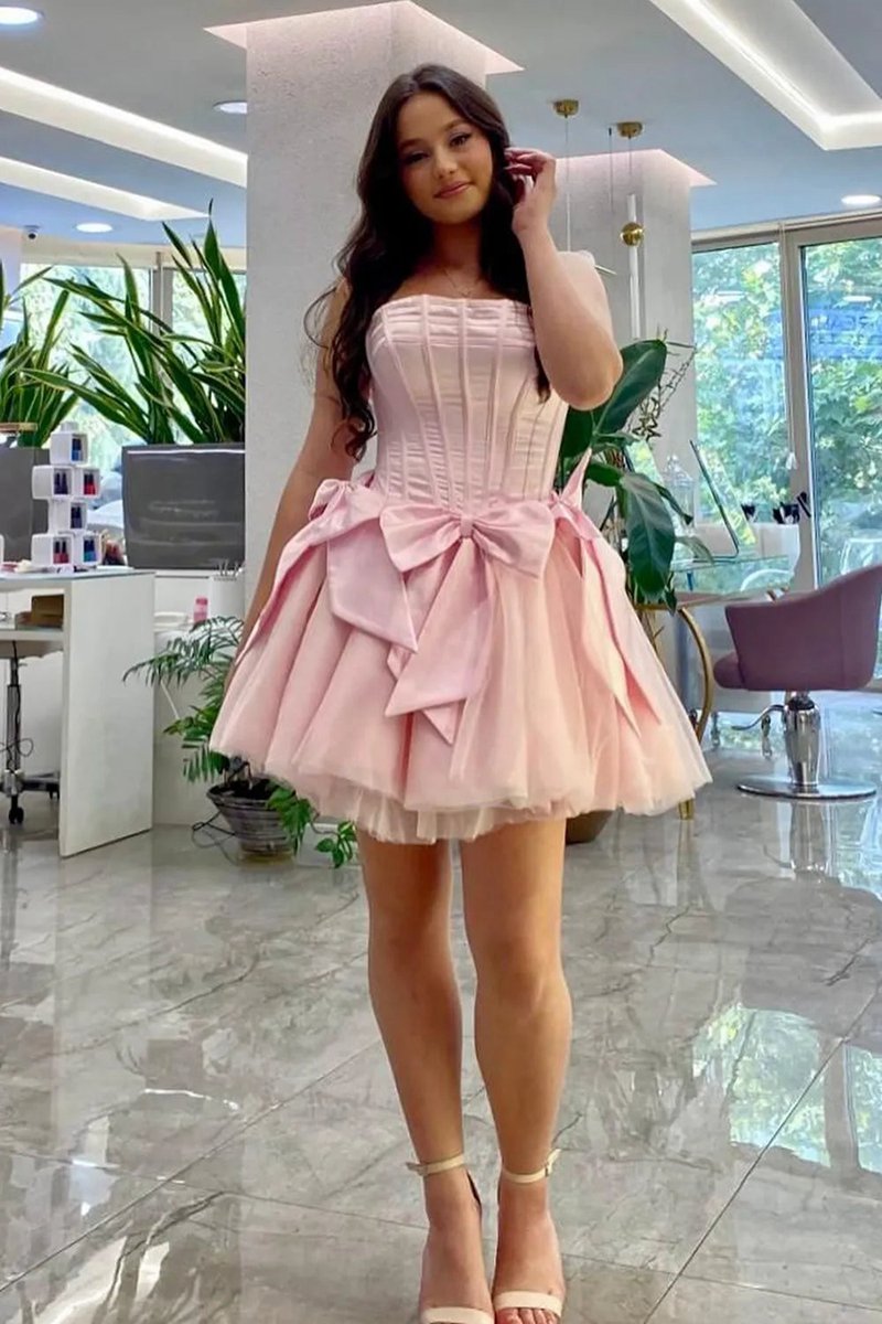 Strapless Tulle A-line Short Corset Homecoming Dresses with Bow
