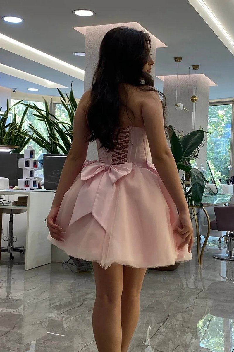 Strapless Tulle A-line Short Corset Homecoming Dresses with Bow