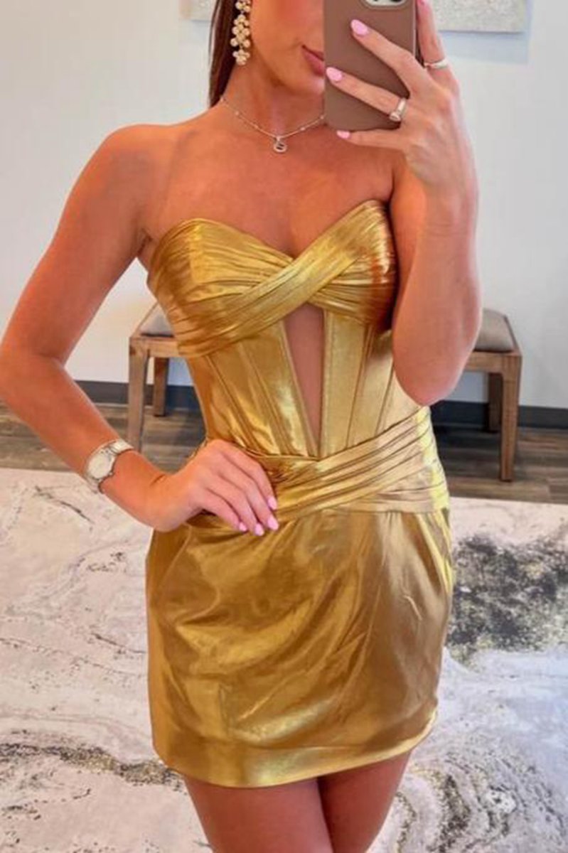 Strapless Metallic Keyhole Ruched Tight Homecoming Dresses