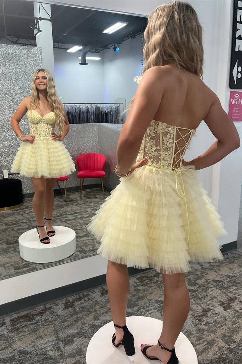 A-line Ruffled Strapless Corset Short Homecoming Dresses