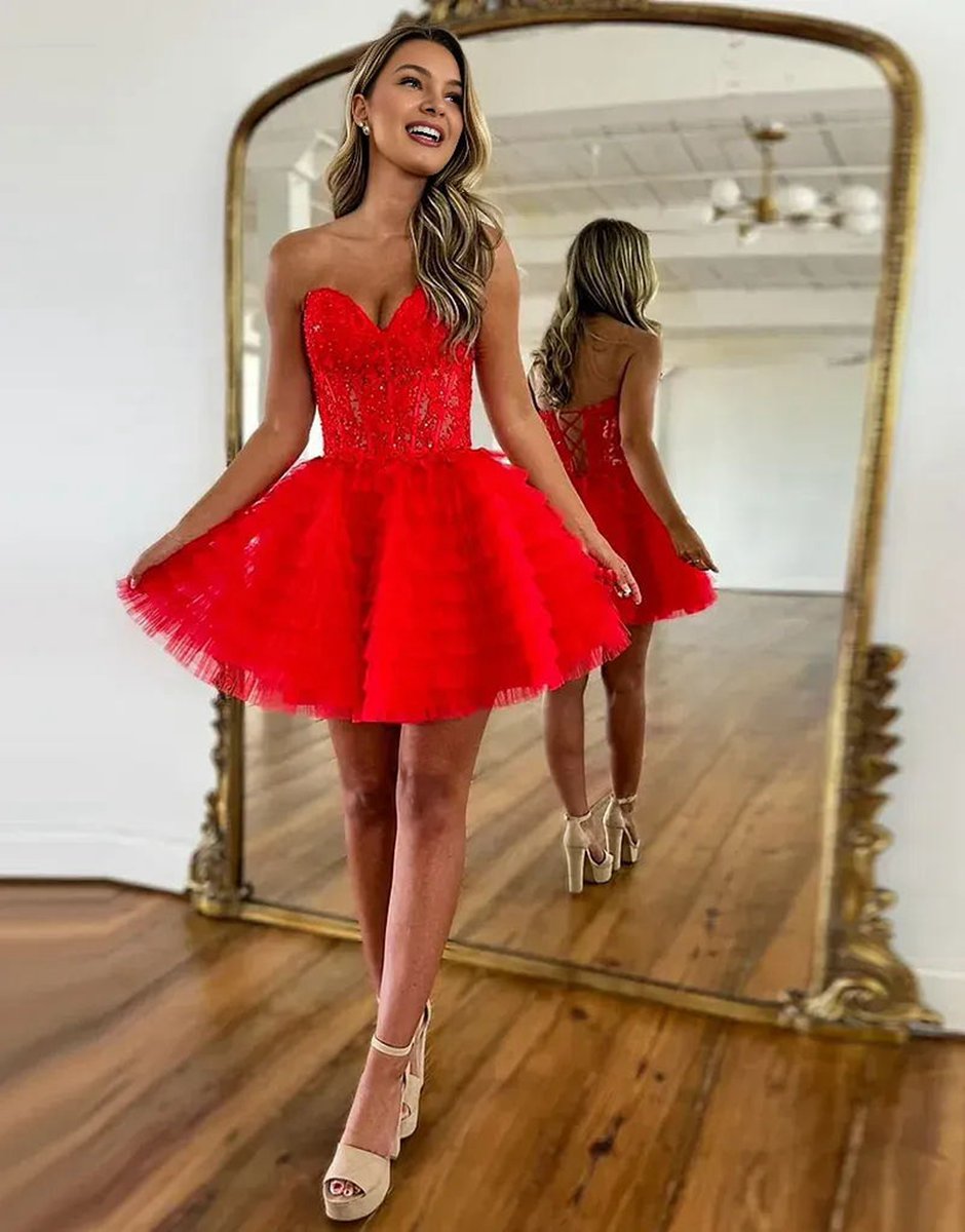A-line Ruffled Strapless Corset Short Homecoming Dresses
