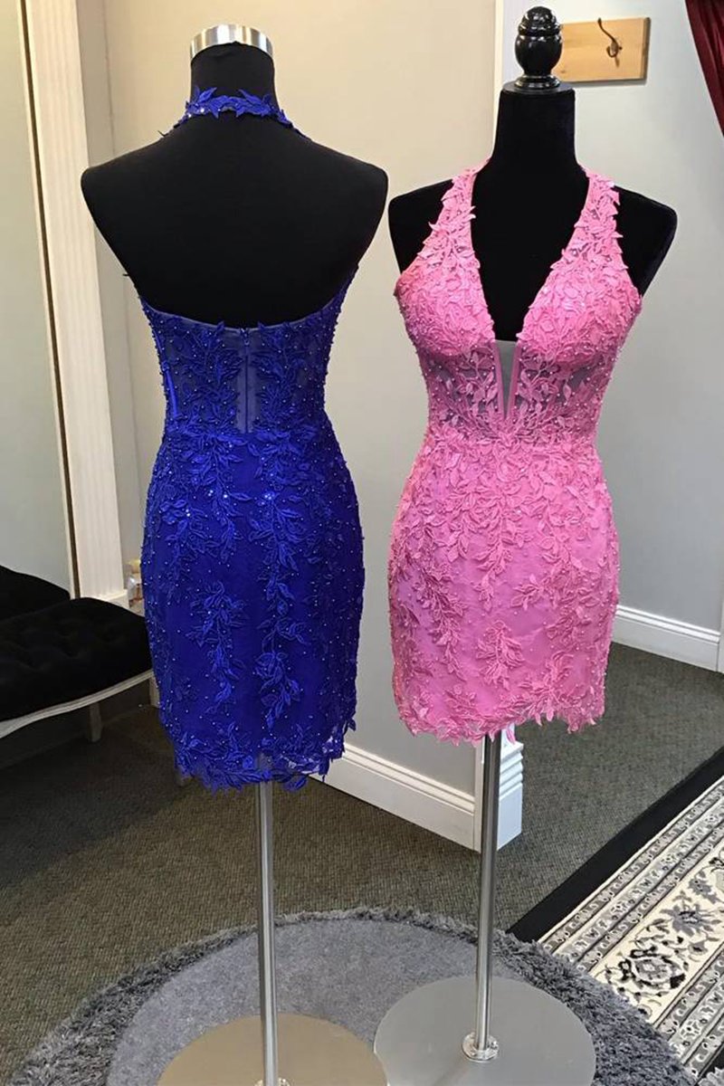Fitted Halter Appliques Short Homecoming Dresses