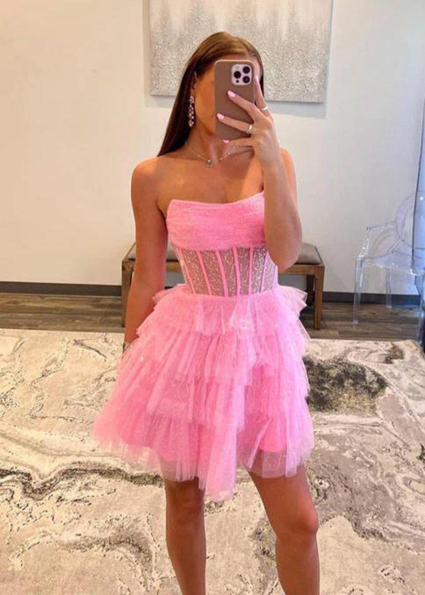 A-line Strapless Tie Homecoming Dresses
