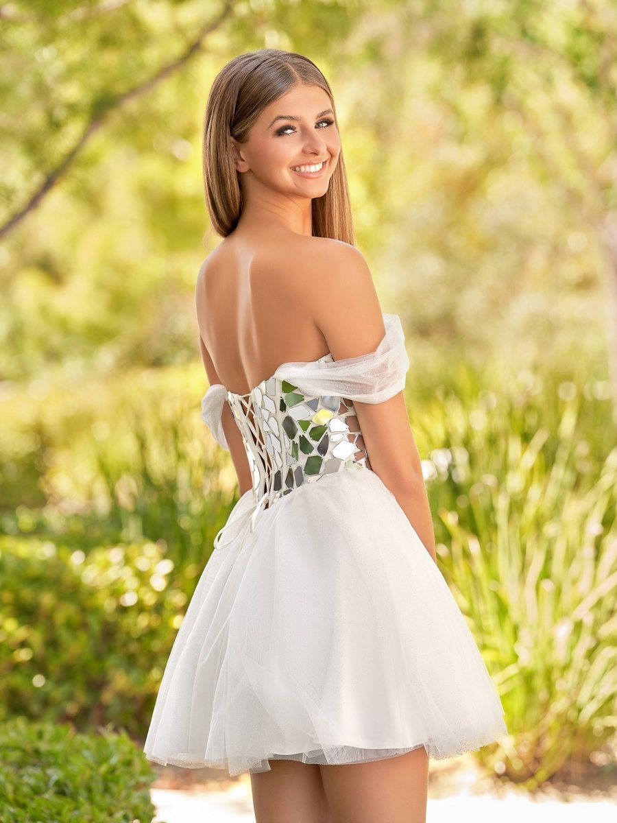 Off-the-Shoulder Short Party Dresses with Cut Glass Mirrors