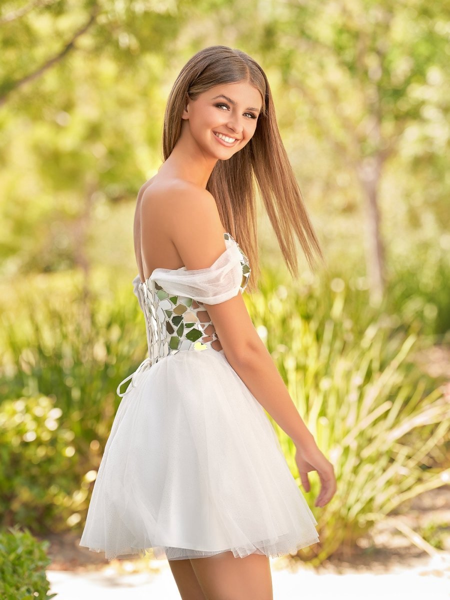 Off-the-Shoulder Short Party Dresses with Cut Glass Mirrors
