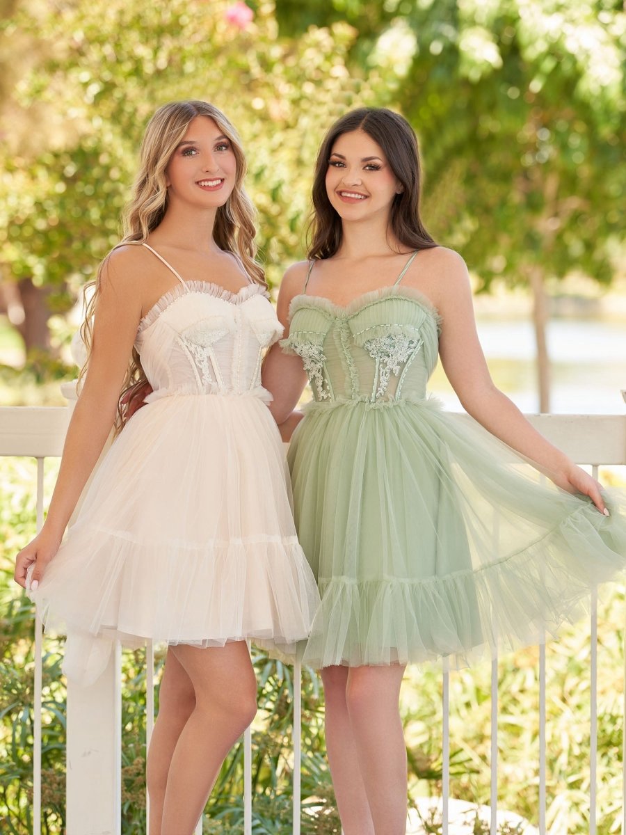 Spaghetti Straps Tulle Lace Appliques Short Prom Dresses with Bow